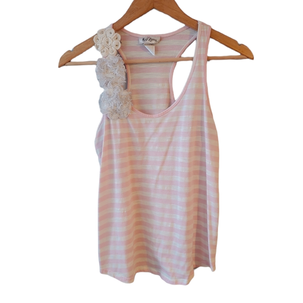 Self Esteem Pink and White Striped Tank with Large Flower Detail Size Large